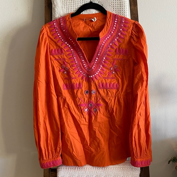 Tory Burch Tops - Tory Burch orange 100% cotton blouse with pink embroidery & mirrored beading